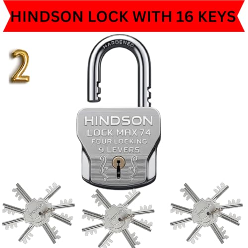 Image of HINDSON 24 Same Keys MAX 74mm 4 Locking System | 9 Lever Mechanism | Chrome Finish Heavy Duty Big Size 610g Approx | 6 Locks with 24 Same Keys for Gate, Shutter & Home Use