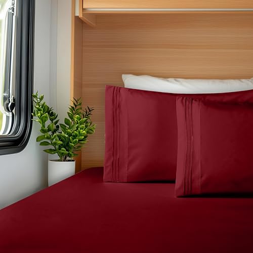 Image of Elegant Comfort Luxurious 1500 Premium Hotel Quality Microfiber Three Line Embroidered Softest 4-Piece Bed Sheet Set, Wrinkle and Fade Resistant, RV Short Queen, Burgundy