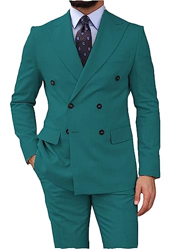 Summer Casual Men's Suits Regular Fit 2 Piece Party Tuxedos Linen Double Breasted Blazer Pants for Beach Wedding