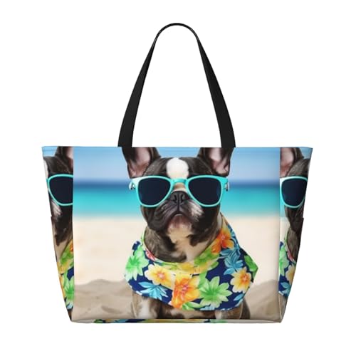 Beach Bags For Women Large Waterproof Sandproof Beach Tote Bag Lightweight Zipper Carry On Bag French Bulldog Summer Pool Bag For Gym Travel Vocation2