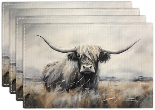 Highland Cow Placemats Set of 4 Country Farmhouse Animal Place Mats Table Mats for Kitchen Dining Table Kitchen Decor Linen 12×18 Inch