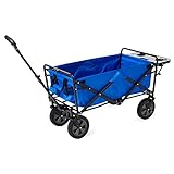 Mac Sports Heavy Duty Steel Frame 150 Pound Capacity Outdoor Garden Utility Foldable Wagon Yard Cart with Side Table and Cup Holders, Blue