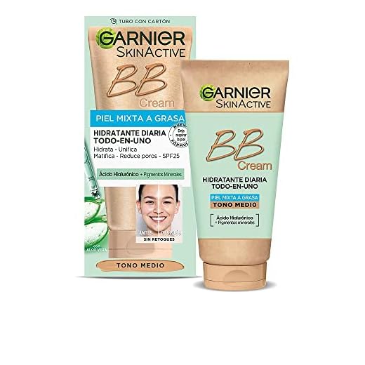 Garnier BB Cream Matificante Para Pieles Mixtas A Grasas FPS 25 con [Ácido Hialuróico + Extracto De Aloe Vera + Pigmentos Minerales] Hidrata, Unifica, Corrige E Ilumina Piel 50 Ml- Tono Medio