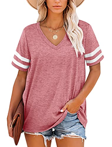 MOLERANI T-Shirts für Damen Kurzarm V-Ausschnitt Gestreifte Sommer Tops Casual Loose Tee Pink XXL