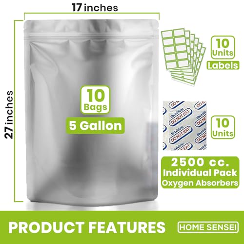 10pcs 5 Gallon Mylar Bags for Food Storage - 10 Mil Thick - Extra large bags 5 Gallon with Oxygen Absorbers 2500cc - Zipper Resealable Milar Bags - Bolsas Mylar 5 Galones