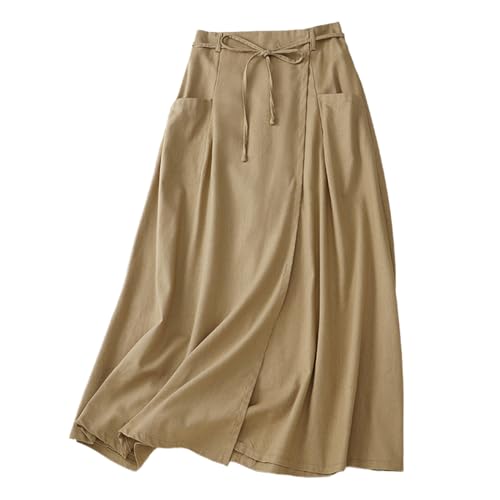Giltpeak Womens Summer Linen Cotton Skirts Elastic High Waist, Casual Vintage A-Line Midi Dress with Pocket