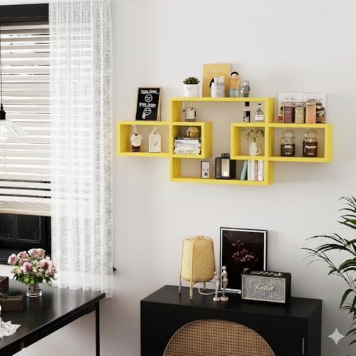 Image of Wooden Wall Shelves for Living Room, Bedroom Wall Mounted Rectangle Bookcase, Intersecting Wall Shelves for Storage Modern Decorative Display Shelves for Wall Decor (Yellow)