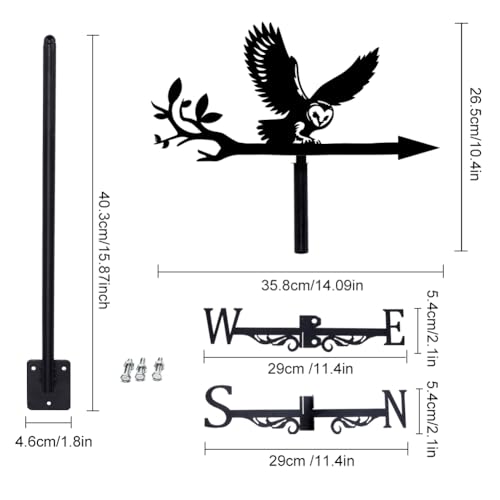 SUPERDANT Owl Weather Vane Owl on Branch Weathervanes Black Metal Wind Vanes Animal Weather Vanes Weathervane Garden Ornament for Farmhouse Garden Outdoor Yard Roof Shed Paddock Decoration - Image 2