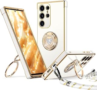 XYZ for Samsung Galaxy S22 Case with Stand, Double Ring Holder Case Heart with Lanyard for Girls Women, Luxury Cute Bling Protective Phone Cover Case for Samsung S22, White