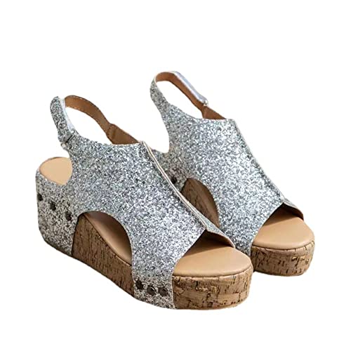BINDT Women's Ankle Strap Espadrilles Wedge Crystal Sparkling Sandals