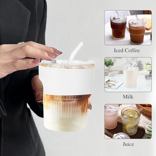 2 Pezzi Bicchiere con Cannuccia e Coperchio, Bicchieri a Righe da 450 ml con Manicotti Tazze, Design a Tenuta Stagna, Bicchieri Frullato in Vetro Trasparente Cocktail Bicchieri da Caffè Freddo - immagine 6
