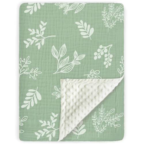 Image of BOPRIO Baby Blankets for Unisex Boys Girls Super Soft Nursery Minky Blankets with Breathable Muslin Cotton Front and 3D Touch Dotted Fleece Backing, Leaf Printed Bed Throws Newborn 30 x 40 Inch