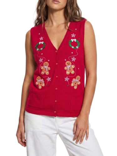 Image of KMBANGI Women Christmas Button Sweater Vest Embroidery Sleeveless Cardigan
