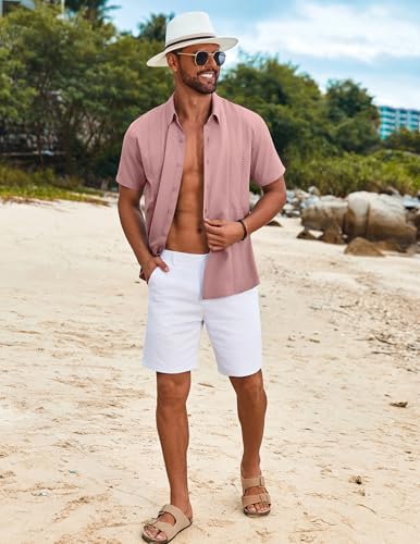 Image of COOFANDY Mens Cuban Guayabera Shirt Short Sleeve Button Down Shirts Summer Beach Vacation Shirts