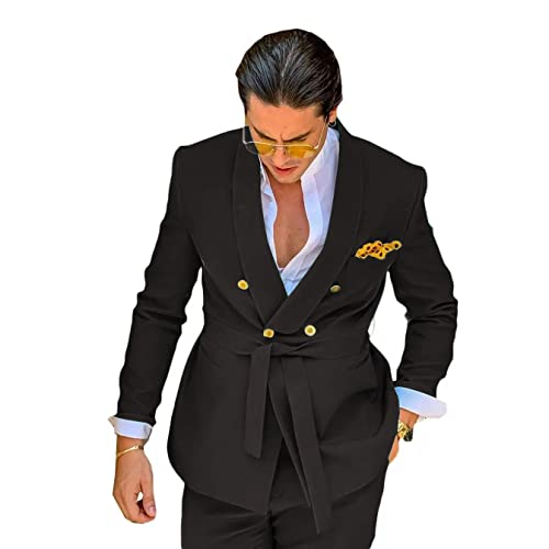 HZUOU Green Suits for Men 2 Piece Blazer Sets Double Breasted Belt Wedding Party Travel Suit Jacket+Pant HZH06