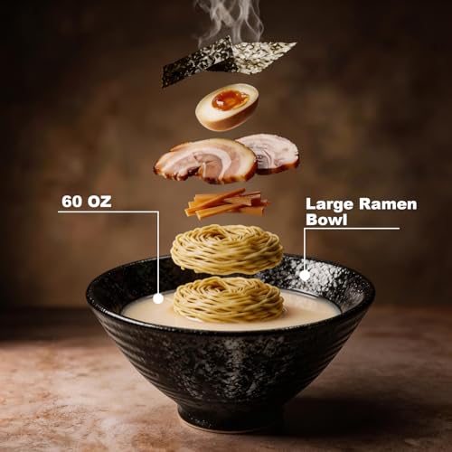 Image of NJCHARMS Ceramic Ramen Bowl Set of 2, 60 oz Japanese Noodle Soup Bowls with Spoons and Chopsticks for Ramen Soup Pho Udon Asian Noodles, Large Noodle Bowls(Black