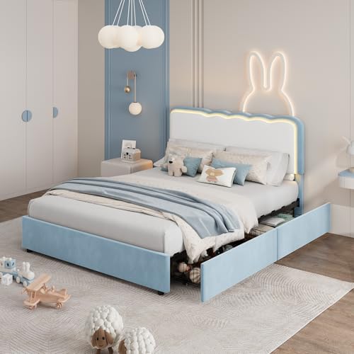 Image of Garvee Irregular Wave LED 2-Drawer Soft Upholstered Bed, Soft Padding