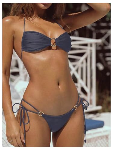 Image of SOLY HUX Bathing Suit for Women Halter Ring Linked Tie Side Bikini Sets Two Piece Swimsuit