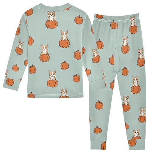 Fustylead Cute Corgi Sitting on Pumpkins Long Sleeve Top and Matching Bottom Cotton Pajama Sets2