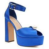 JENN ARDOR Platform High Heels for Women Sexy Peep Toe Chunky Heels Comfortable 4.5inch Block Heeled Sandals Pumps Ankle Strap Wedding Party Evening Dress Shoes 8 Royal Blue