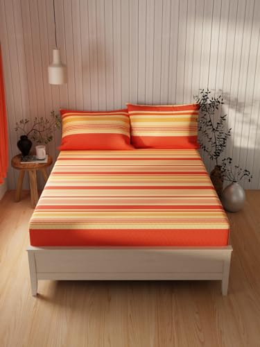 Image of KOPA Extra Smooth Cotton Double Bedsheet with 2 Pillow Covers -3pc Set (Lopez) | Extra Smooth Cotton | 1 Double Bedsheet with 2 King Size Pillow Covers Stripe-Brick /Beige
