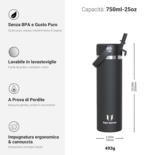 Sparrow Borraccia Termica 750Ml - Swivelsip Bottiglia Acciaio Inox - Senza Bpa Borracce Termiche, Borraccia Con Cannuccia Ergonomica Per Scuola, Sportiva, Campeggio, Palestra - 3