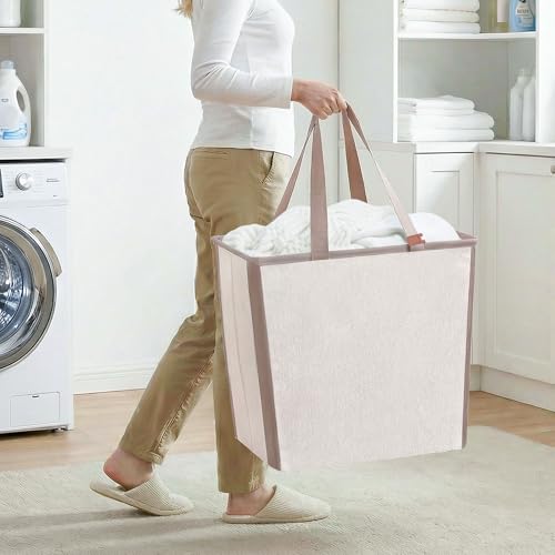 Image of STORAGE MANIAC Collapsible Laundry Basket, 16.9 Gal. Large Pop-up Laundry Hamper with Long Carry Handles, Space-Saving Foldable Clothes Hamper with Bottom Elastic Band, Travel Laundry Bags, Oat Beige