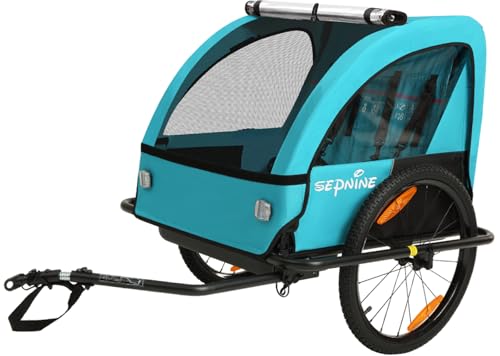 Sepnine Kids Bike Trailer, Suitable for 1 to 2 Children, Double Seat, Universal Coupler, Foldable, Canopy with Bug Screen and Weather Shield, with 5-Point Harness and Storage Bags