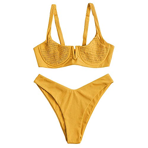 ZAFUL Womens Smocked Underwire Push Up Bikini Ribbed V Wired Swimsuit High Cut Bikini Swimwear