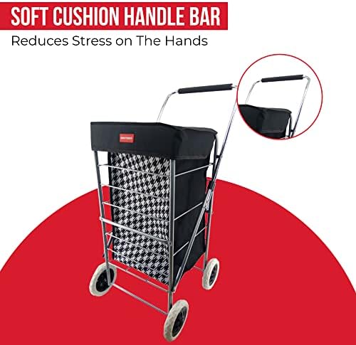 Casa&Casa Dogtooth Shopping Trolley on Wheels | 65L Huge Capacity | Elegant and Foldable Shopping Cart for Groceries|4 Wheel| Thermal Liner | Bespoke Designs