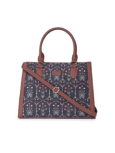 Image of ZOUK Printed Jute Handcrafted Vegan Leather Multicolor Women's Satchel Bag | Ladies Purse Handbag | Double Handle Detachable Strap