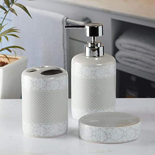 Image of SaSaSa Ceramic Bathroom Set of 3 Modern Bath Accessories Kit with Soap Dispenser, Toothbrush Holder & Dish - Stylish & Elegant Bathroom Decor, Grey /White (5766)