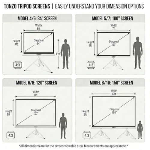 Image of TONZO 120 Inch Tripod Projector Screen with Stand 6ft(H)*8ft(W), 4:3 Ratio Projection Screen with Adjustable Stand, Indoor & Outdoor Wrinkle Free White Matte Fabric Projection Screen for Home & Office