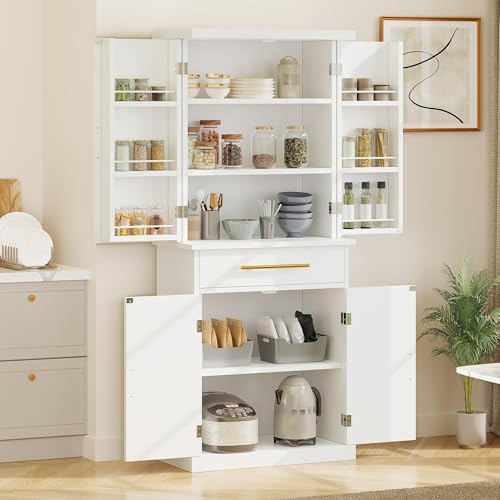 DWVO Kitchen Pantry Cabinet, 72'' Tall Freestanding Buffet Cupboard Kitchen Storage Cabinet with Drawer & 6 Side Shelves, Food Pantries for Dining Room, Living Room, White