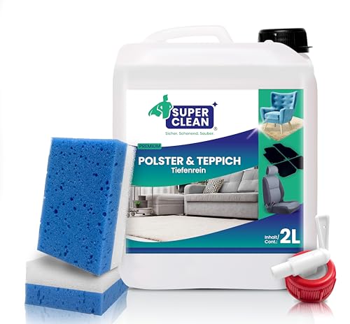 SUPER CLEAN Polster und Teppich Tiefenrein Polsterreiniger Konzentrat für alle Arten von Polstern, Teppichböden, Autositzen, Sofa oder Couch Inhalt: 2 Liter + 2 Polsterschwämme