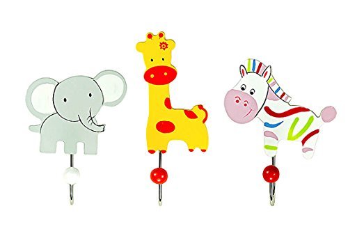 Children's or Baby Coat Hook, Wall Hook, Safari Animal, Jungle, Elephant, Giraffe and Zebra Wooden for Boys or Girls Children's Room