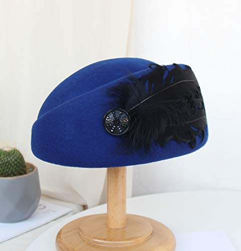 Oridoor Women Winter Vintage Pillbox Hat Church Derby Wedding Dress Fascinator Beret 100% Wool Felt Hat With Feathers, Royal Blue, One Size #TOP2