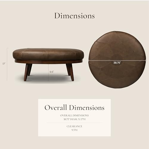 Image of Poly & BARK Gio Ottoman - 30 inch Round with Feather-Down Topper - Full-Grain Leather Upholstery - Couch Ottoman for Living Room - Vintage Italian Leather in Cocoa Brown