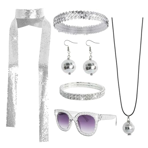 Gvhntk 6 Pcs 70s Women Disco Accessories Disco Costume Disco Sequin Scarf Headband Diamond Bracelet Ball Necklace Earring Glasses(Sliver)