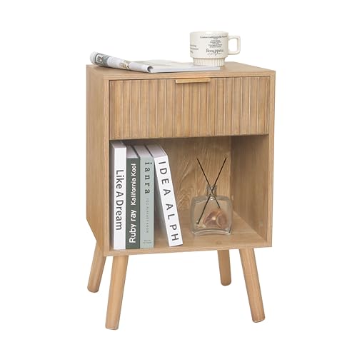 Image of Fultyle Night Stand with Drawer, Mid Century Nightstand with Storage, Modern Fluted Bedside Table Bedroom Living Room for Small Space, Office (Rustic Walnut)