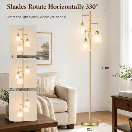 Image of Dimmable Flower Floor Lamp, 3 x 900LM LED Bulbs Included, Modern | 70 inch Gold Tree Standing Lamp, 3 Lights Elegant Frosted Glass Flower Shade Vintage Floor Lamps for Living Room, Bedroom, Office