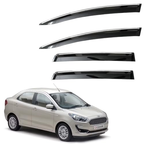 Image of CAR SAAZ Unbreakable Chrome Smoke Door Visor for Figo Aspire (2015-2020) | Premium Sun, Rain Wind Deflector Chrome Strip Side Door Rain Visor - Set of 4 Pcs
