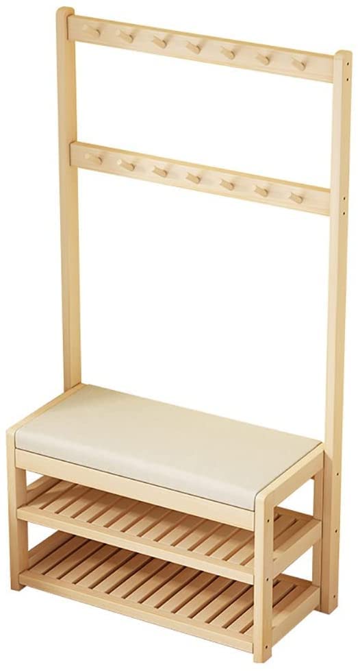WUHUQN Perchero de madera maciza con banco cambiador de zapatos, 14 ganchos, zapatero de doble capa, perchero, fácil de montar, porche de dormitorio, estudio, balcón, pasillo, sala de estar, 84 x 31 x