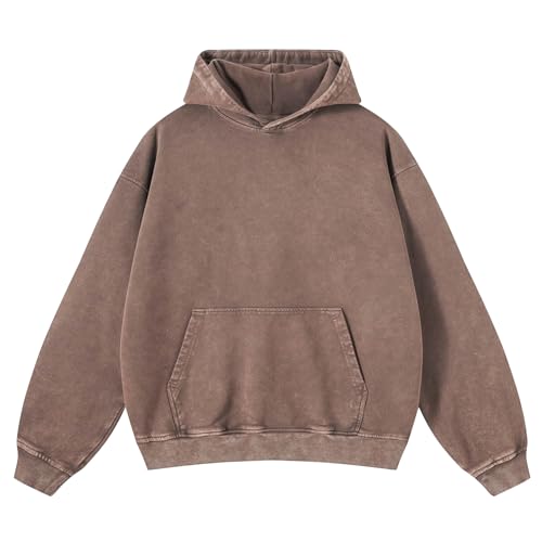 KEEPSHOWING Mens Oversized Hoodies Vintage Hoodie Couples Pullover Acid Wash Hoodies for Men Streetwear Sweatshirts(Coffee(hooded) L)