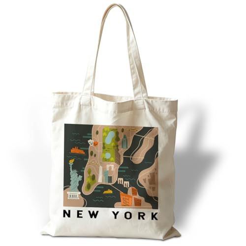 YTTRVHIH New York Map Canvas Tote Bag, New York Travel Gifts Shoulder Bags, Holiday Gifts to Friends and Family, Reusable Shoulder Tote Bag, Holiday Gift Bags for Wrap Storage