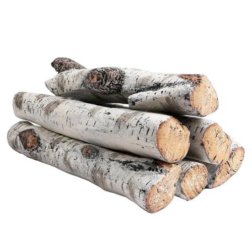 QuliMetal Ceramic Fireplace Logs, White Birch Gas Fireplace Logs for Indoor Inserts, Outdoor Firebowl, Fire Pits, Vented, Propane, Gel, Electric, Realistic Fake Fire Logs, 6 Pcs