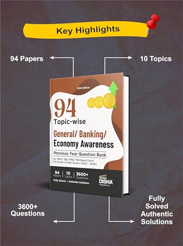 Image of Disha 94 Topic-wise General / Banking / Economy Awareness Previous Year Question Bank for IBPS / SBI / RRB / RBI Bank Clerk / PO Prelim & Main Exams (2010 - 2026) 10th Edn | 100% Solved GK PYQs