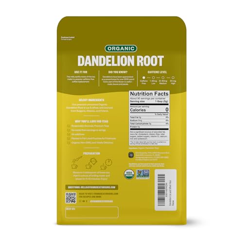 Image of FGO Organic Dandelion Root Loose Tea, Cut and Sifted, Caffeine Free, 16oz Bulk Resealable Bag, Packaging May Vary (Pack of 1)