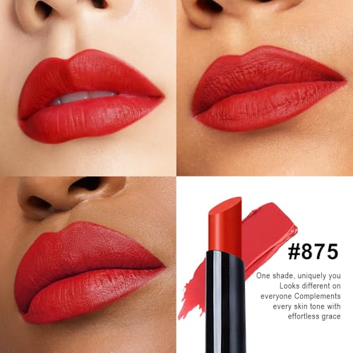 Image of evpct Bright Red Velvet Matte Lipstick, High Pigmented Slim Lipstick Long Lasting Waterproof for Women Gift, Velvet Silky Lip Stick Stain Color Makeup Blendable 24 Hours Original Makeup Labiales, 875#