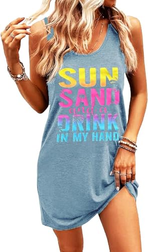 Image of Sun Salt Sand Coconut Tree Sleeveless Mini Dress Women Casual Summer Beach Vacation Dress Workout Tank Dress